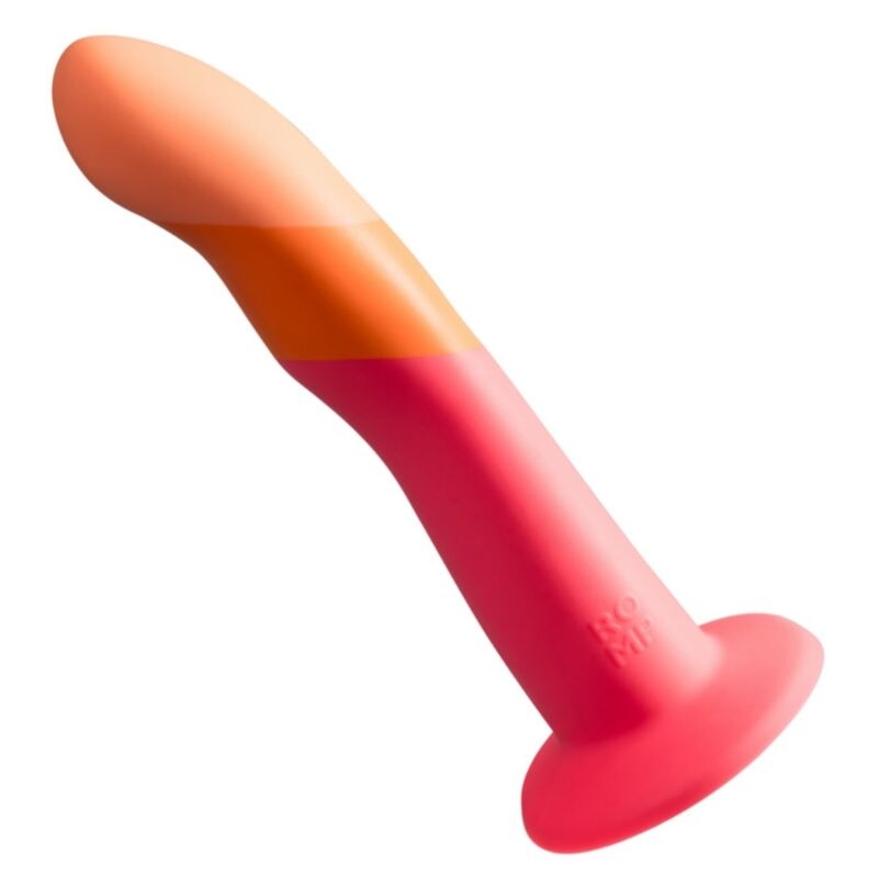 Pink silicone dildo with an orange tip and a suction base.