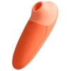 Orange silicone vibrator with a rounded tip and smooth curved body.