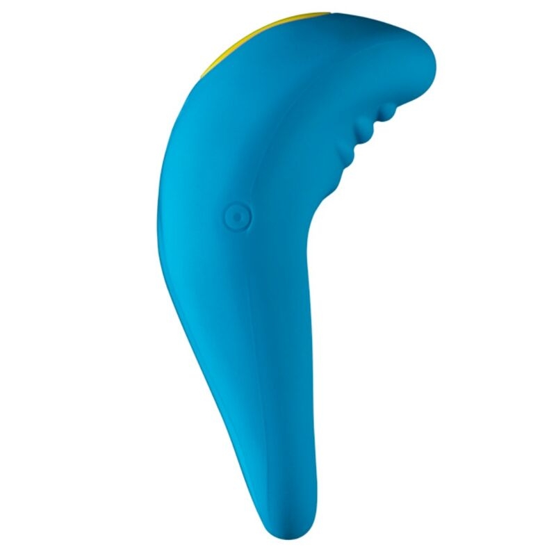 Blue curved silicone vibrator with ridged edge and yellow accent at the top, ergonomic handle shape