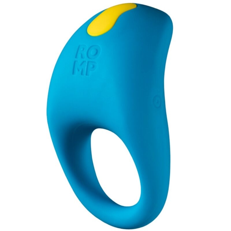 Blue silicone ergonomic ring toy with a yellow accent on the top and the word ROMP embossed on the side.