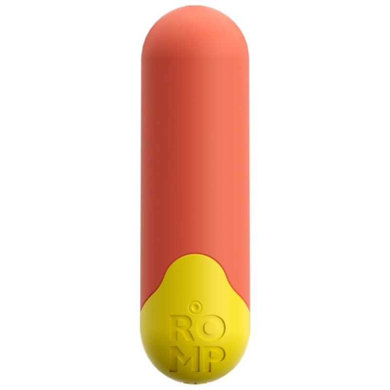 Pink cylindrical vibrator with a yellow rounded base embossed with the word 'ROMP'