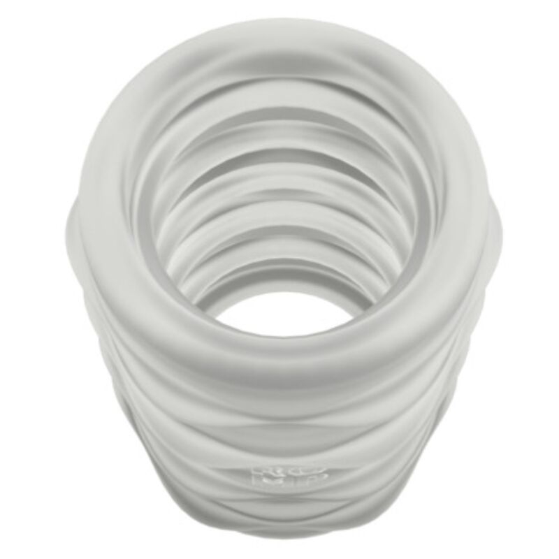White spiral, hollow object with concentric ridges forming a cylindrical opening at the center.