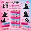 Romantic adult board game 'La torre del Amor'; colorful stacked blocks with silhouettes of couples around.