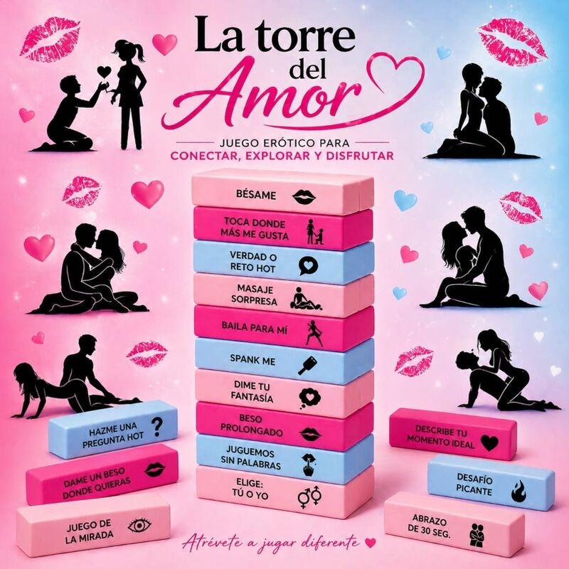 Romantic adult board game 'La torre del Amor'; colorful stacked blocks with silhouettes of couples around.