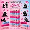 Promotional image for The Tower of Love erotic game: stack of pink and blue blocks with flirty prompts and romantic silhouettes around a pink–blue gradient background.