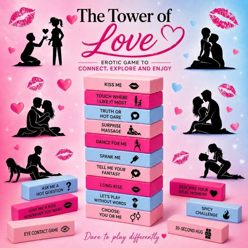 Promotional image for The Tower of Love erotic game: stack of pink and blue blocks with flirty prompts and romantic silhouettes around a pink–blue gradient background.