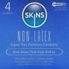 Blue Skins non-latex condom box: '4 Condoms' with slogan 'Feel More Than Ever Before'