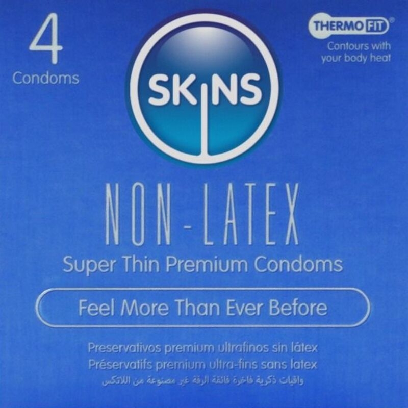 Blue Skins non-latex condom box: '4 Condoms' with slogan 'Feel More Than Ever Before'