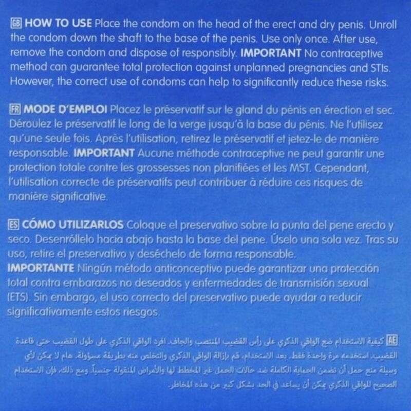 Blue instruction panel in multiple languages detailing how to use a condom, with a highlighted IMPORTANT note about imperfect protection and risk reduction only when used correctly.