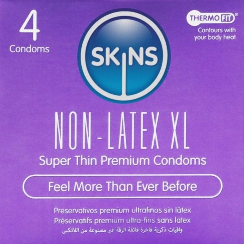 Purple SKINS condom box: Non-Latex XL, 4 condoms, slogan 'Feel More Than Ever Before' with ThermoFit logo and text in multiple languages above and below.