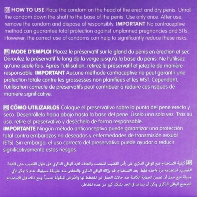 Multilingual condom-use guide on a purple background; steps include put on an erect penis, unroll to the base, use only once, dispose responsibly; states condoms don’t guarantee protection.