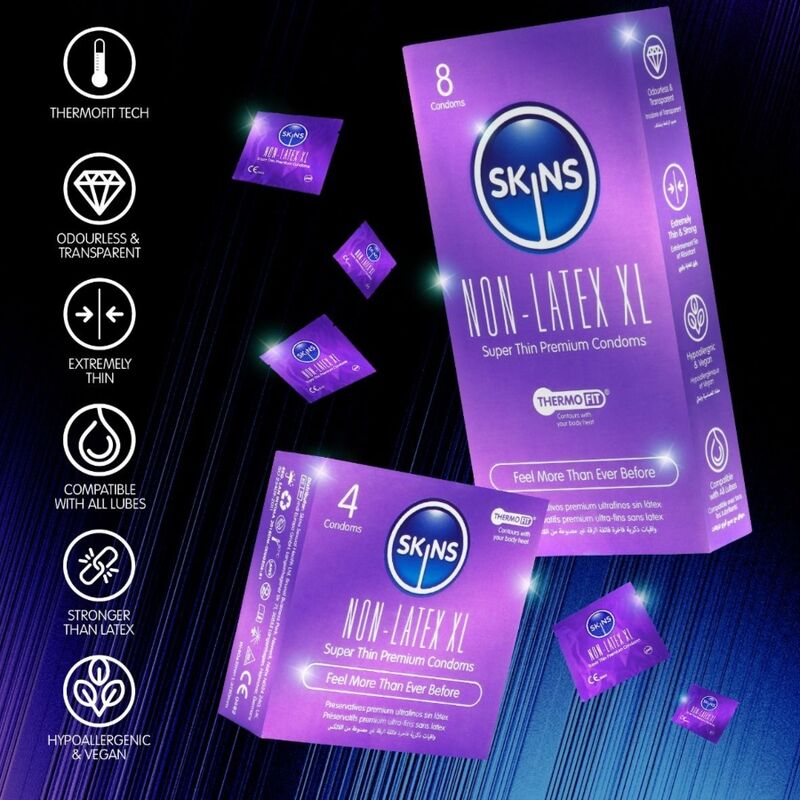 img_225503_dbdd41e4478f2508df91a816bf041e8d_1jpg - Sex Shop | Lodia.gr - 100% Διακριτική Και Παράδοση με courier της επιλογή σας Purple SKINS Non-Latex XL condom boxes with floating packs, set against a dark background; left side lists features like ThermoFit, ultra-thin, odourless, vegan, and latex-free.