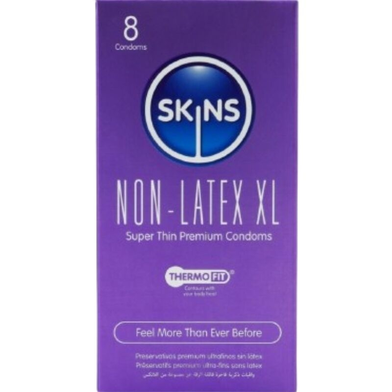 Purple box packaging for SKINS Non-Latex XL condoms (8 count) with Thermo Fit logo and 'Feel More Than Ever Before' tagline.