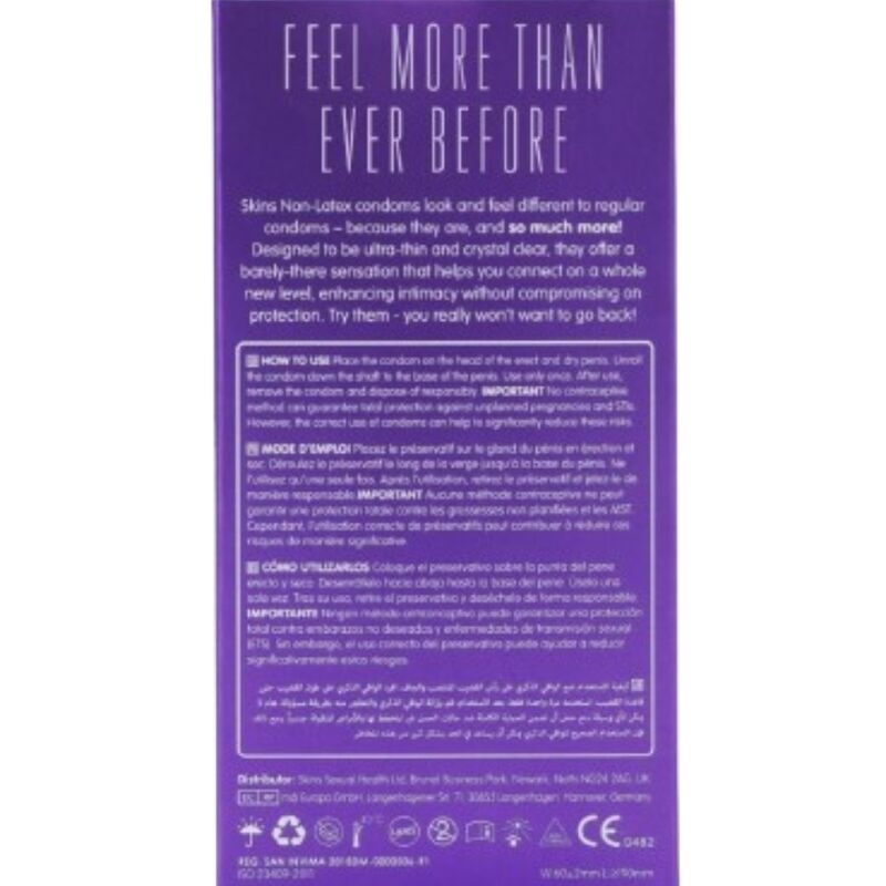 Back of a purple condom box with the slogan 'Feel more than ever before' and small instruction text blocks beneath it.