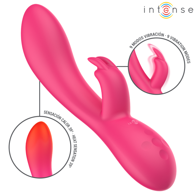 img_225748_2ee1f0a94feee0b238213039a9d991a5_1png - Sex Shop | Lodia.gr - 100% Διακριτική Και Παράδοση με courier της επιλογή σας Pink rabbit-style vibrator with curved shaft and external bunny stimulator, featuring heat sensation (39°C) and 9 vibration modes under the Intense brand.