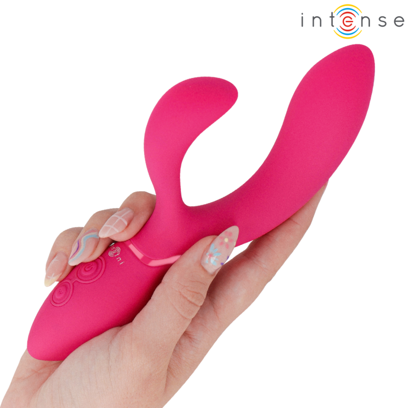 img_225756_602474a77574adcea7c36228ecfcd166_1png - Sex Shop | Lodia.gr - 100% Διακριτική Και Παράδοση με courier της επιλογή σας Pink rabbit-style vibrator being held in hand; curved shaft with an external stimulation arm; Intense brand visible in the corner.