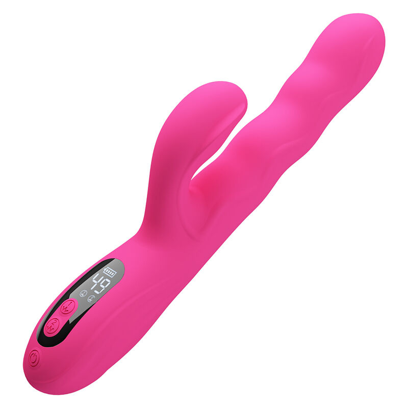 Pink silicone vibrator with curved shaft and digital display on the handle.