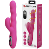 Pink silicone rabbit vibrator with dual shafts and a digital control panel, shown beside its Pretty Love packaging.