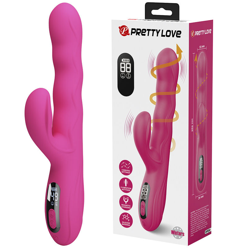 Pink silicone rabbit vibrator with dual shafts and a digital control panel, shown beside its Pretty Love packaging.