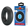 Black silicone ring sex toy next to its blue Crazy Bull packaging that reads 'SUPER SOFT SILICONE'