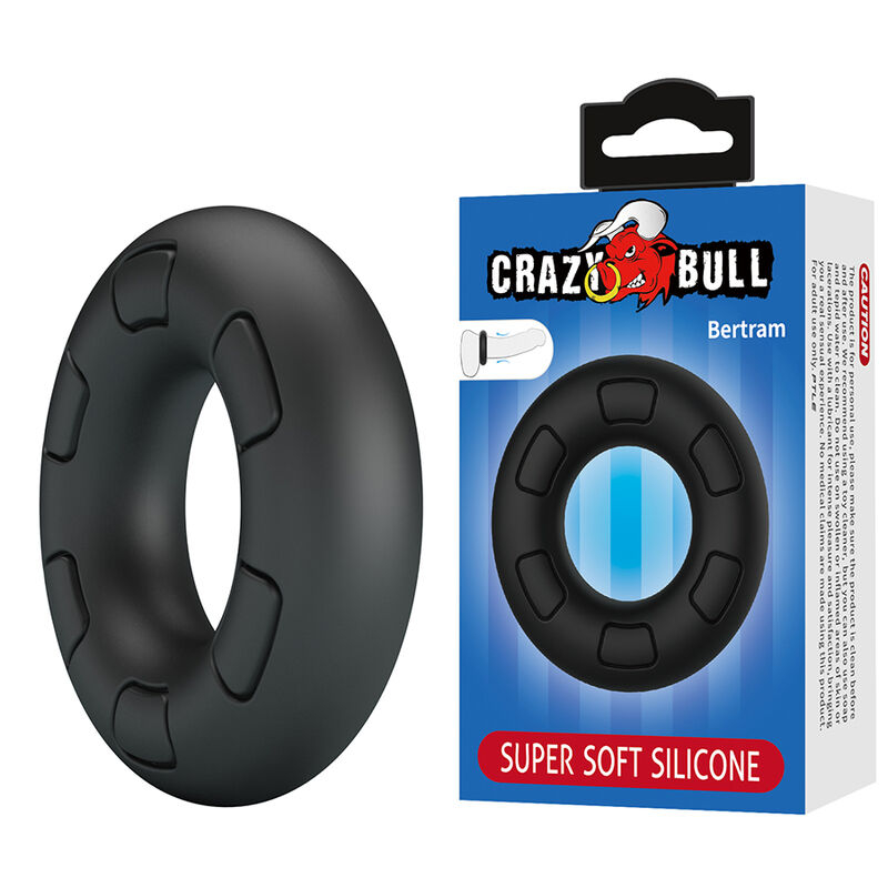Black silicone ring sex toy next to its blue Crazy Bull packaging that reads 'SUPER SOFT SILICONE'