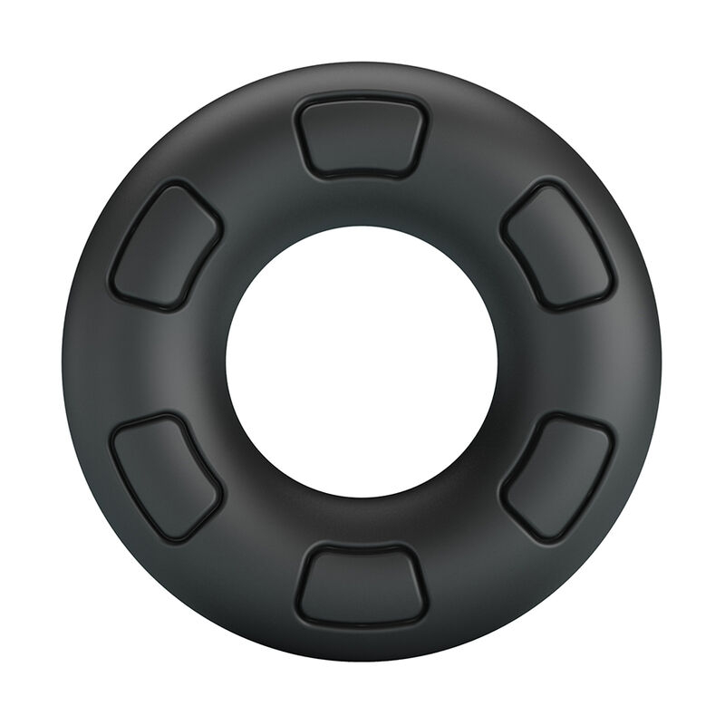 Black circular weight plate with six rectangular grip indentations around the outer ring, seen from above similar to a donut shape, for barbells.