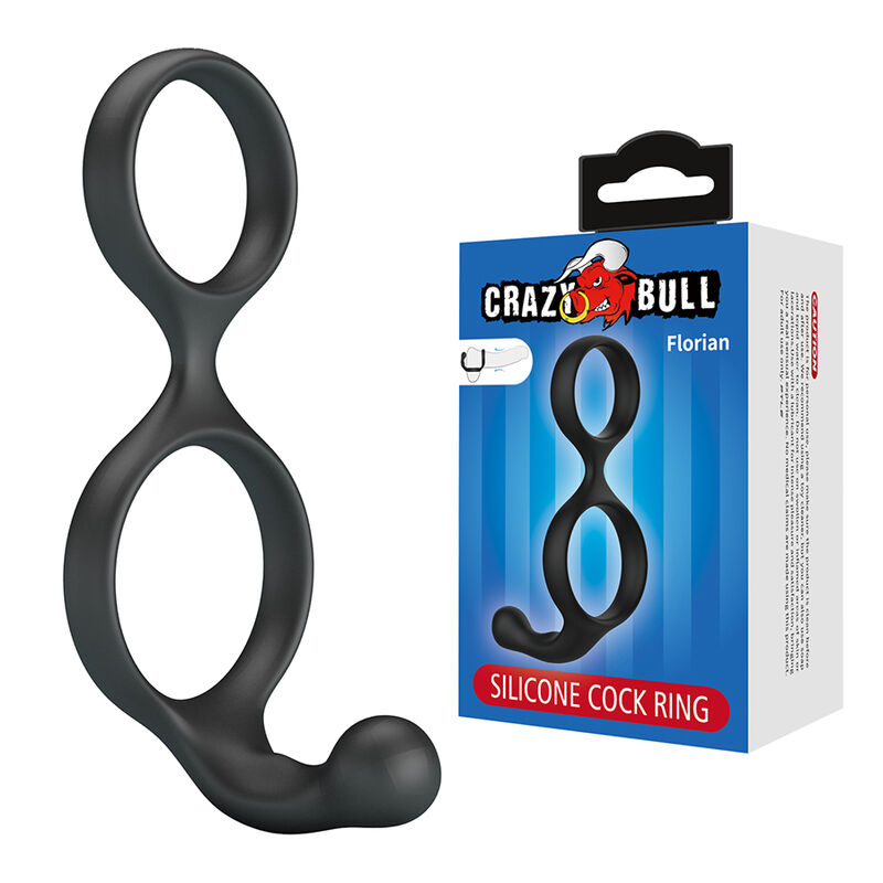 Black silicone cock ring in a figure-eight shape displayed next to its blue packaging that says 'Crazy Bull Florian Silicone Cock Ring'.