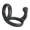 Black silicone penis ring with a curved stimulator nub for sexual stimulation.