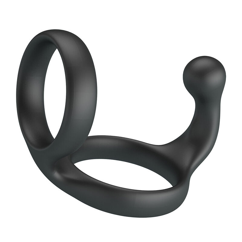 Black silicone penis ring with a curved stimulator nub for sexual stimulation.