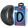 Black silicone cock ring next to a blue Crazy Bull packaging box labeled 'Silicone Cock Ring' and a white hanging tab.