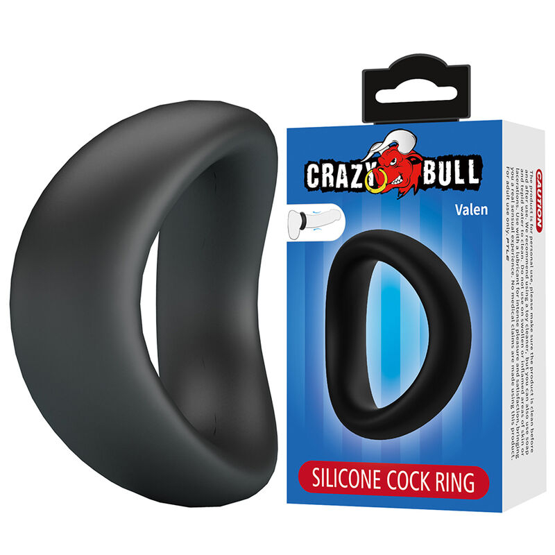 Black silicone cock ring next to a blue Crazy Bull packaging box labeled 'Silicone Cock Ring' and a white hanging tab.