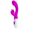 Pink rabbit vibrator with a curved shaft and white handle, featuring a small bunny stimulation at the base.
