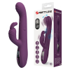 Purple silicone vibrator with curved shaft and a smaller curved arm for inner stimulation, featuring an LED display on the handle beside its box showing Pretty Love branding.