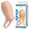Peach-colored silicone penis sleeve with ribbed texture and loop handle, displayed next to its Pretty Love Geraldine packaging (5.0"/127mm).