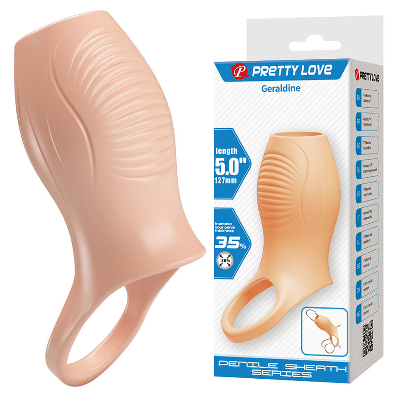 Peach-colored silicone penis sleeve with ribbed texture and loop handle, displayed next to its Pretty Love Geraldine packaging (5.0"/127mm).