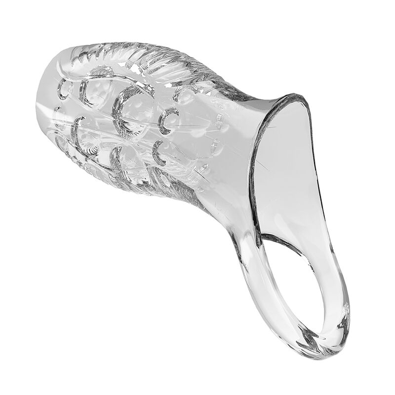 Clear glass sex toy with a ribbed shaft and flared base, shown at an angle.
