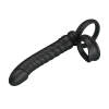 Black ribbed silicone anal plug with a circular ring handle at the base for removal, oriented diagonally on a white background.