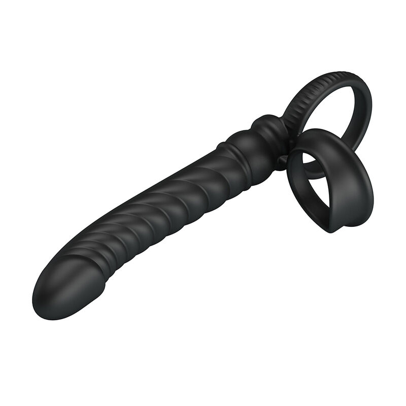 Black ribbed silicone anal plug with a circular ring handle at the base for removal, oriented diagonally on a white background.