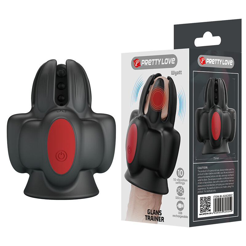 Black silicone sex toy with a red oval button in the center, shown beside its Pretty Love packaging (glans trainer).
