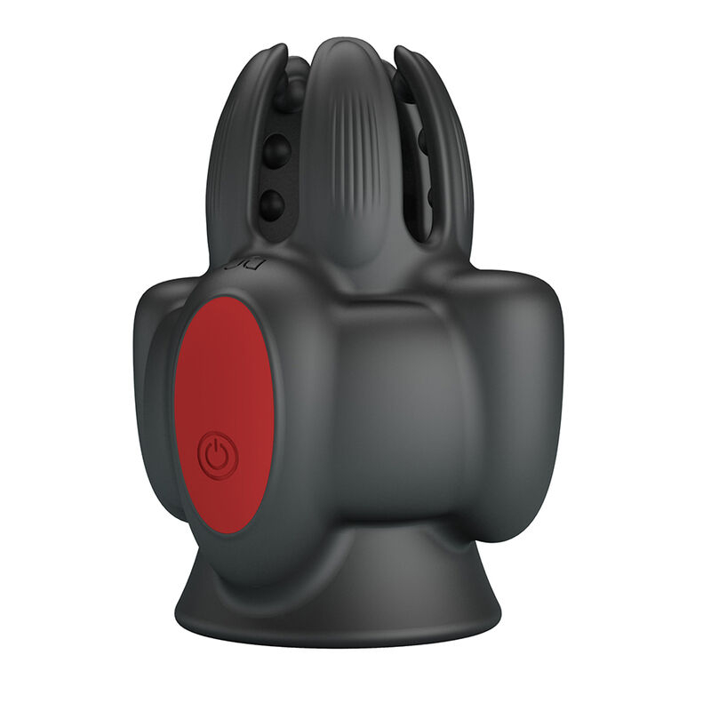 Handheld massage gun with a red power button on the side and a rounded head attachment at the top of the device.