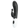 Black rabbit-style vibrator with curved shaft and separate clitoral stimulator, white handle with control buttons