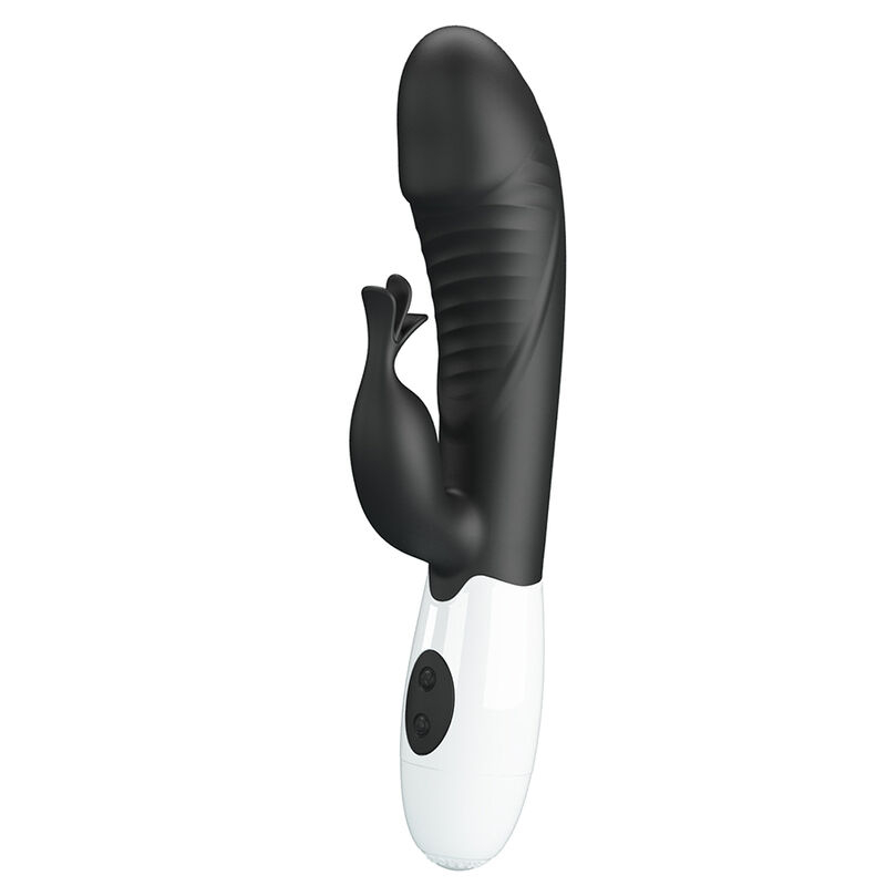 Black rabbit-style vibrator with curved shaft and separate clitoral stimulator, white handle with control buttons