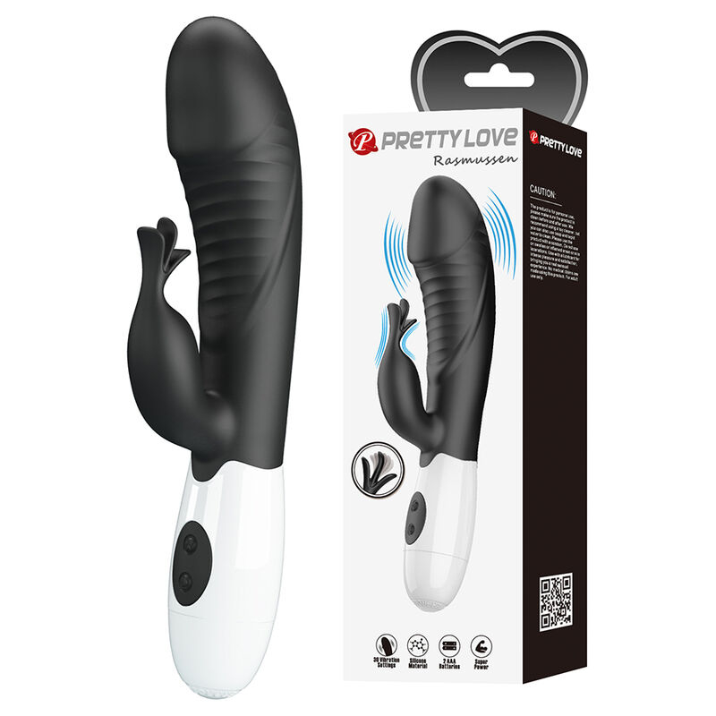 Black silicone rabbit vibrator with a white control base shown beside its PrettyLove RAMMUSEN packaging.