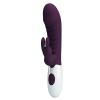Purple silicone rabbit-style vibrator with a curved shaft and dual-prong clitoral stimulator on a white control base.