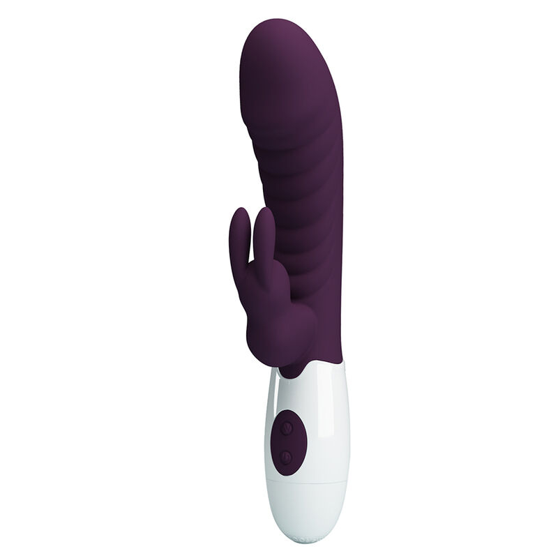Purple silicone rabbit-style vibrator with a curved shaft and dual-prong clitoral stimulator on a white control base.