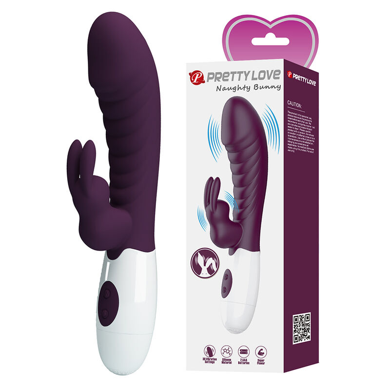 Purple silicone vibrator with a ribbed shaft and bunny-shaped attachment, white base, shown next to its packaging.