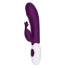 Purple rabbit-style vibrator with a white base and two control buttons on the handle, designed for dual stimulation.