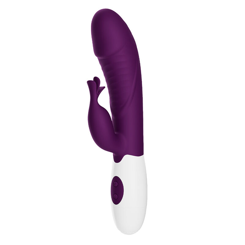 Purple rabbit-style vibrator with a white base and two control buttons on the handle, designed for dual stimulation.