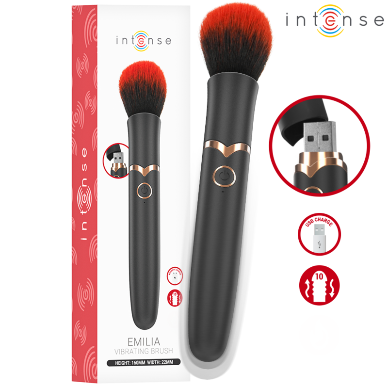 Emilia vibrating brush with black handle and rose‑gold trim beside its white box packaging.