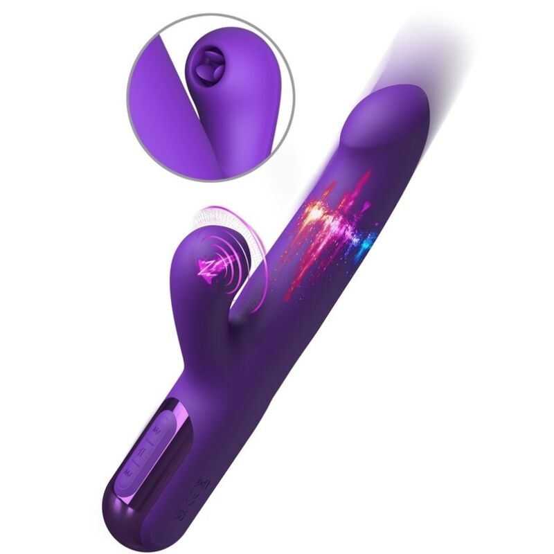 Purple curved vibrator with a button panel at the base and a separate flexible tip shown in an inset view, suggesting dual-stimulation features.